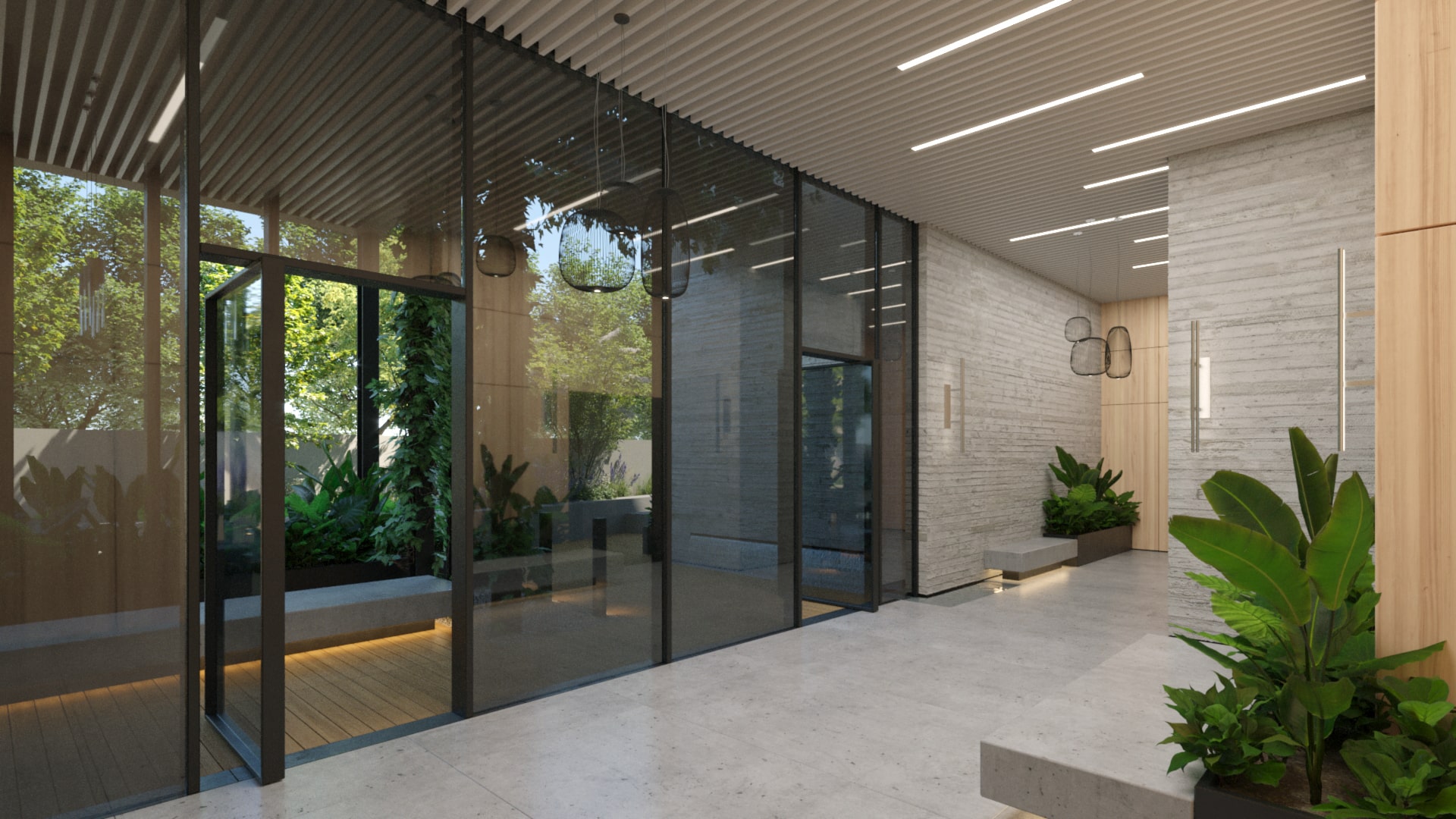 תמונה המציגה את הלובי של הפרויקט הכולל רצפת שיש, חלונות זכוכית גדולים וצמחיה.